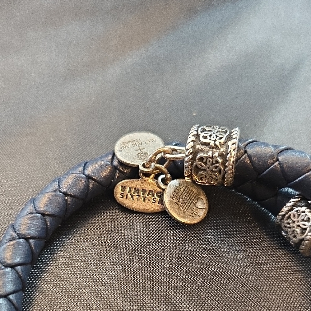 Alex and Ani Vintage 66 Navy Leather Braided Wrap Bangle Bracelet, Adjustable - Picture 2 of 6